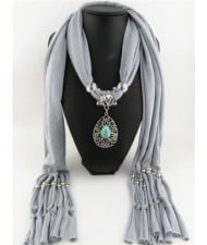 Silver Rose Pendant Scarf Necklace - Green
