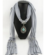 Trendy Metal Water Drop Pendant Scarf Necklace - Gray