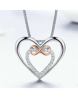 Rose Gold Twisted Dual Heart Rhinestone Inlaid Korean Boutique Wholesale 925 Sterling Silver Jewelry Necklace