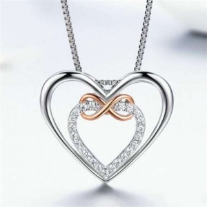 Rose Gold Twisted Dual Heart Rhinestone Inlaid Korean Boutique Wholesale 925 Sterling Silver Jewelry Necklace