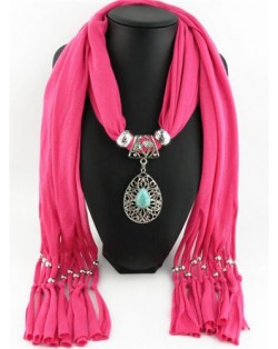 Silver Rose Pendant Scarf Necklace - Pink