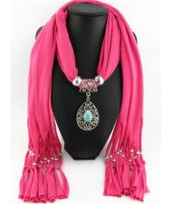 Silver Rose Pendant Scarf Necklace - Pink