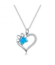 Blue Color Paw Embellished Heart Pendant Women Wholesale 925 Sterling Silver Jewelry Necklace