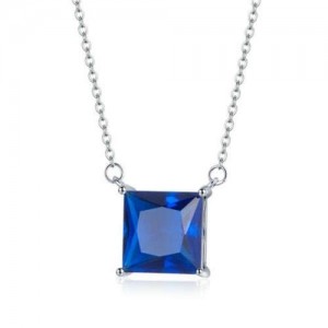 Square Shape Blue Cubic Zirconia Inlaid Minimalist Design Women 925 Sterling Silver Jewelry Necklace