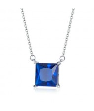 Square Shape Blue Cubic Zirconia Inlaid Minimalist Design Women 925 Sterling Silver Jewelry Necklace