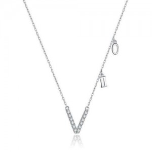 Alphabet V Inspired Design Cubic Zirconia Inlaid Women Wholesale 925 Sterling Silver Necklace