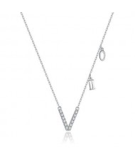 Alphabet V Inspired Design Cubic Zirconia Inlaid Women Wholesale 925 Sterling Silver Necklace