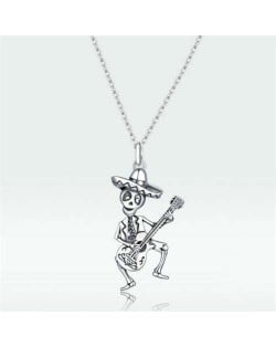 Halloween Fashion Dancing Skull and Guitar Unique Design Wholesale 925 Sterling Silver Jewelry Necklace