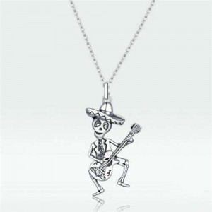 Halloween Fashion Dancing Skull and Guitar Unique Design Wholesale 925 Sterling Silver Jewelry Necklace