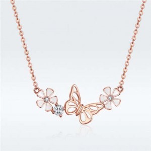 Butterfly and Flowers Combo Design Rose Gold Fashion Wholesale 925 Sterling Silver Jewelry Women Necklace