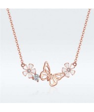 Butterfly and Flowers Combo Design Rose Gold Fashion Wholesale 925 Sterling Silver Jewelry Women Necklace