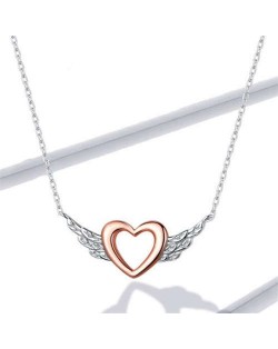 Angel Wings Heart-shaped Two-toned Pendant Women Statement Wholesale 925 Sterling Silver Necklace