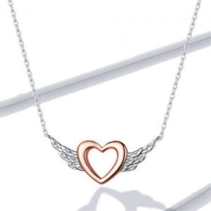 Angel Wings Heart-shaped Two-toned Pendant Women Statement Wholesale 925 Sterling Silver Necklace