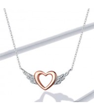 Angel Wings Heart-shaped Two-toned Pendant Women Statement Wholesale 925 Sterling Silver Necklace