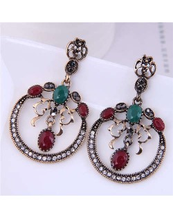 Wholesale Jewelry Vintage Style Hollow-out Round Floral Pendant Dangle Bold Fashion Earrings - Red