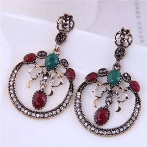 Wholesale Jewelry Vintage Style Hollow-out Round Floral Pendant Dangle Bold Fashion Earrings - Red