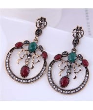 Wholesale Jewelry Vintage Style Hollow-out Round Floral Pendant Dangle Bold Fashion Earrings - Red