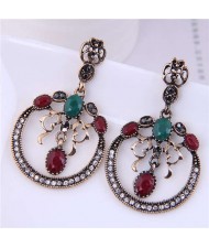 Wholesale Jewelry Vintage Style Hollow-out Round Floral Pendant Dangle Bold Fashion Earrings - Red