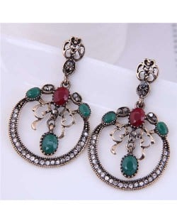 Wholesale Jewelry Vintage Style Hollow-out Round Floral Pendant Dangle Bold Fashion Earrings - Green