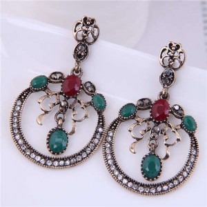 Wholesale Jewelry Vintage Style Hollow-out Round Floral Pendant Dangle Bold Fashion Earrings - Green