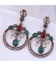 Wholesale Jewelry Vintage Style Hollow-out Round Floral Pendant Dangle Bold Fashion Earrings - Green