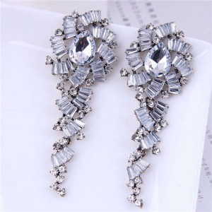 Bold Fashion Dazzling Gorgeous Rhinestone Paved Temperament Women Party Long Wholesale Earrings - White