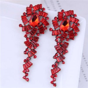 Bold Fashion Dazzling Gorgeous Rhinestone Paved Temperament Women Party Long Wholesale Earrings - Red