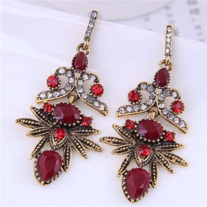 Ethnic Style Wholesale Vintage Color Alloy Exaggerated Flower Dangle Earrings - Red