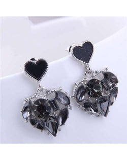 Bling Rhinestone Inlaid Hollow-out Heart Pendant Korean Fashion Women Dangle Wholesale Earrings - Black