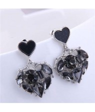 Bling Rhinestone Inlaid Hollow-out Heart Pendant Korean Fashion Women Dangle Wholesale Earrings - Black