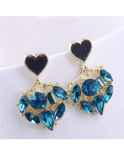 Bling Rhinestone Inlaid Hollow-out Heart Pendant Korean Fashion Women Dangle Wholesale Earrings - Blue