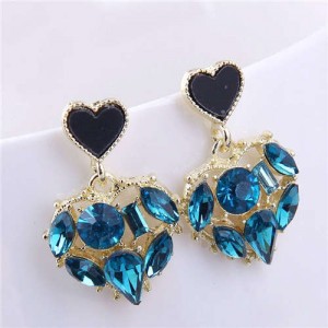 Bling Rhinestone Inlaid Hollow-out Heart Pendant Korean Fashion Women Dangle Wholesale Earrings - Blue