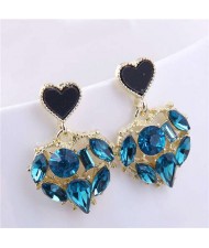 Bling Rhinestone Inlaid Hollow-out Heart Pendant Korean Fashion Women Dangle Wholesale Earrings - Blue