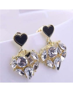 Bling Rhinestone Inlaid Hollow-out Heart Pendant Korean Fashion Women Dangle Wholesale Earrings - White