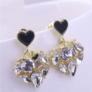 Bling Rhinestone Inlaid Hollow-out Heart Pendant Korean Fashion Women Dangle Wholesale Earrings - White