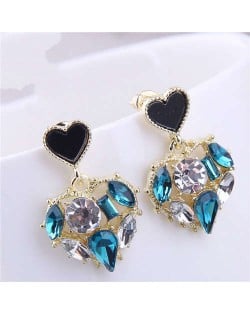 Bling Rhinestone Inlaid Hollow-out Heart Pendant Korean Fashion Women Dangle Wholesale Earrings - Blue and White