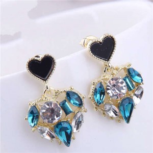 Bling Rhinestone Inlaid Hollow-out Heart Pendant Korean Fashion Women Dangle Wholesale Earrings - Blue and White