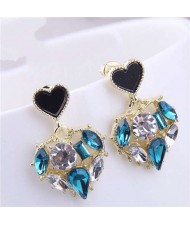 Bling Rhinestone Inlaid Hollow-out Heart Pendant Korean Fashion Women Dangle Wholesale Earrings - Blue and White