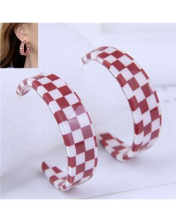 Wholesale Jewelry Popular Checkered Pattern Women Hoop Acrylic Earrings - Red