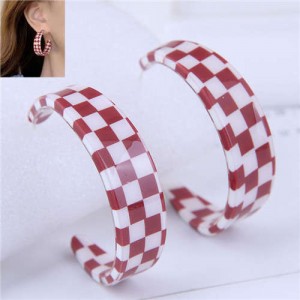 Wholesale Jewelry Popular Checkered Pattern Women Hoop Acrylic Earrings - Red