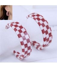 Wholesale Jewelry Popular Checkered Pattern Women Hoop Acrylic Earrings - Red