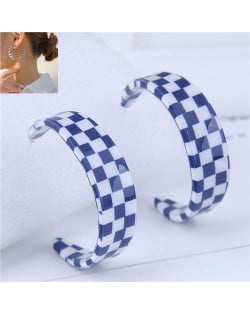 Wholesale Jewelry Popular Checkered Pattern Women Hoop Acrylic Earrings - Blue