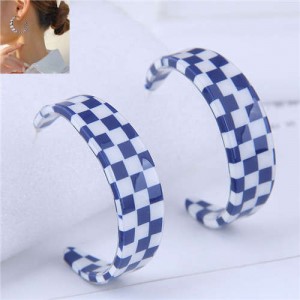 Wholesale Jewelry Popular Checkered Pattern Women Hoop Acrylic Earrings - Blue