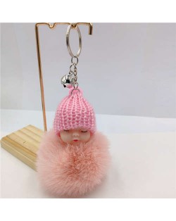 Fashion Women Handbag Pendant Cute Sleeping Baby Mini Bell Fluffy Design Wholesale Key Chain - Pink