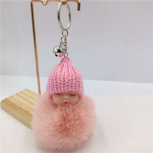 Fashion Women Handbag Pendant Cute Sleeping Baby Mini Bell Fluffy Design Wholesale Key Chain - Pink