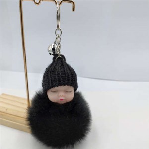 Fashion Women Handbag Pendant Cute Sleeping Baby Mini Bell Fluffy Design Wholesale Key Chain - Black