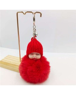 Fashion Women Handbag Pendant Cute Sleeping Baby Mini Bell Fluffy Design Wholesale Key Chain - Red