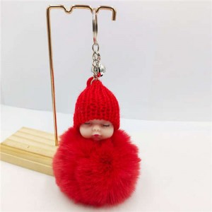 Fashion Women Handbag Pendant Cute Sleeping Baby Mini Bell Fluffy Design Wholesale Key Chain - Red