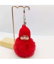 Fashion Women Handbag Pendant Cute Sleeping Baby Mini Bell Fluffy Design Wholesale Key Chain - Red