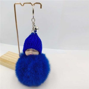 Fashion Women Handbag Pendant Cute Sleeping Baby Mini Bell Fluffy Design Wholesale Key Chain - Royal Blue
